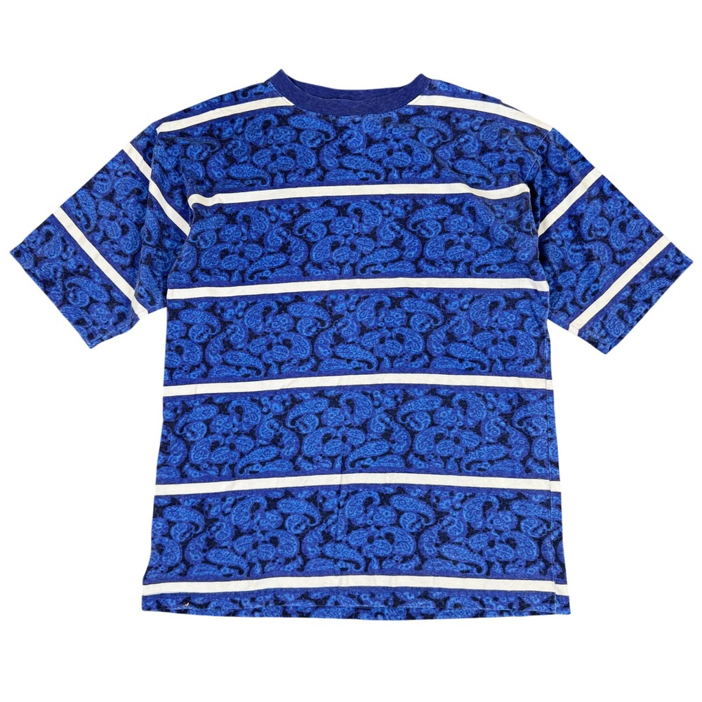 Vintage Pro Spirit Mens Medium Blue Paisley Striped All Over Print T-Shirt 90s